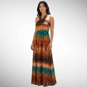 SNAP Halter Maxi Dress Southwest Design Beaded Neck